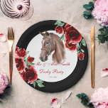 Derby party horse equestrian party gepersonaliseer papieren bordje<br><div class="desc">Derby party horse equestrian party gepersonaliseerde borden sjabloon. Eenvoudig,  klassiek paardenportret met rode rozenbloemen.</div>