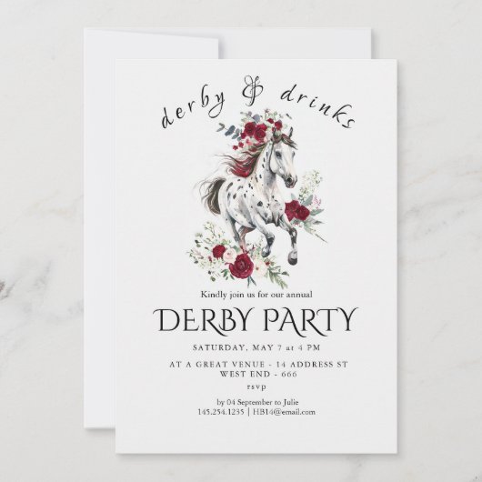 Derby Party Invitation – Floral Horse Head with Ro Kaart (Voorkant)