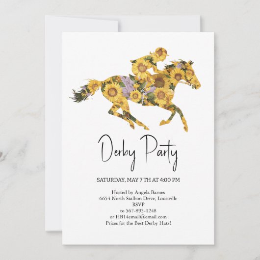  Derby Party Invitation – Floral Horse Head with S Kaart (Voorkant)