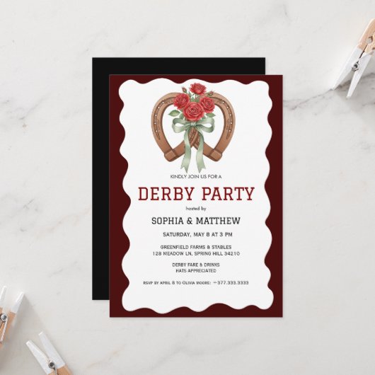 Derby Party Invitation Rustic Horseshoe Roses Kaart (Voorkant / Achterkant in situ)