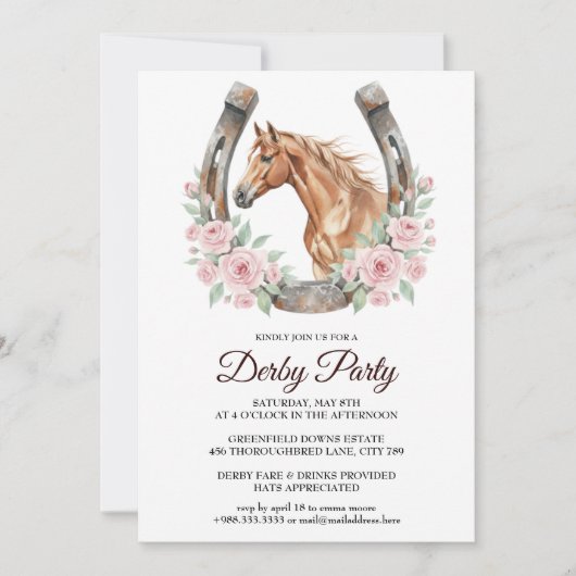 Derby Party Invitation with Horse & Floral Art Kaart (Voorkant)