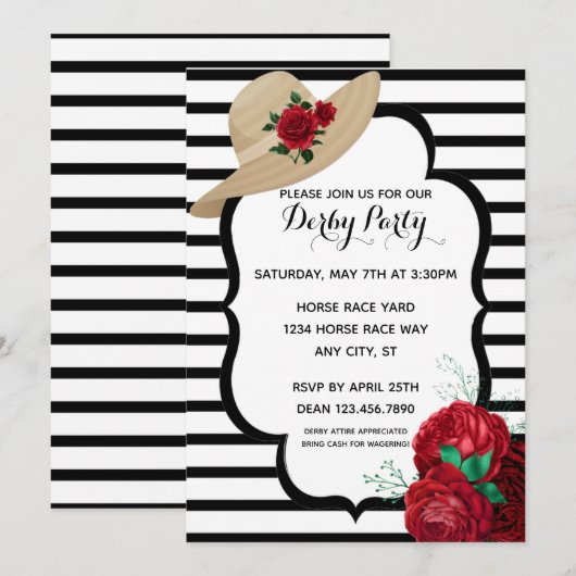 Derby Party Red Roses Stripes Kaart (Voorkant / Achterkant)