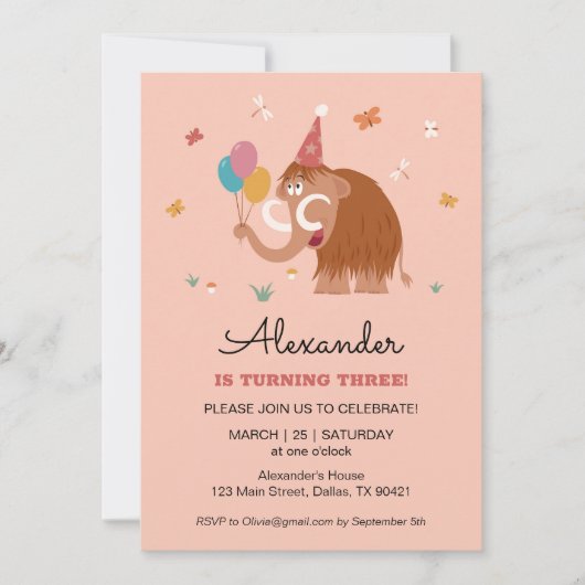 Derde 3 Verjaardag Pet Cartoon Schattigee Mammoth  Kaart (Voorkant)