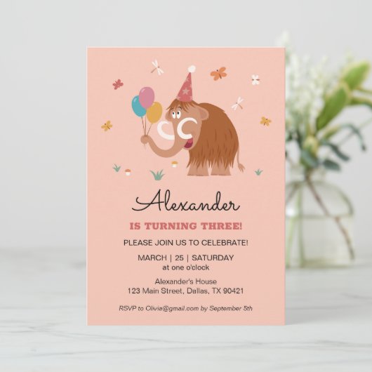 Derde 3 Verjaardag Pet Cartoon Schattigee Mammoth  Kaart (Staand voorkant)