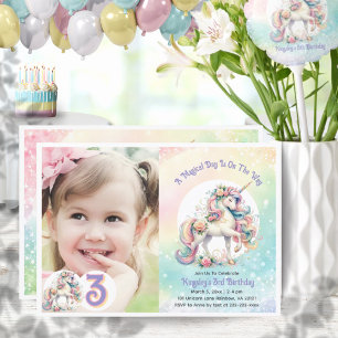 Derde 3e Eenhoorn Verjaardagsfeest Pastel Rainbow Kaart