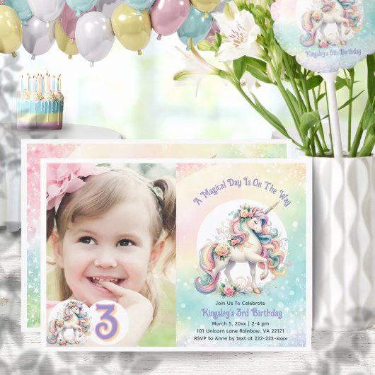 Derde 3e Eenhoorn Verjaardagsfeest Pastel Rainbow Kaart