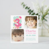 Derde Drie 3e Verjaardag Party Photo Square Kaart (Staand voorkant)