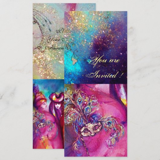 DERDE MASK masquerade ball, gouden rode blauw Kaart (Voorkant / Achterkant)