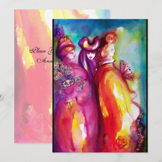 DERDE MASKER ,gemaskerd bal, goud rood geel blauw Aankondiging (Voorkant / Achterkant)