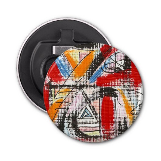 Derde met de hand gekleurde moderne kunst button flesopener (Voorkant)