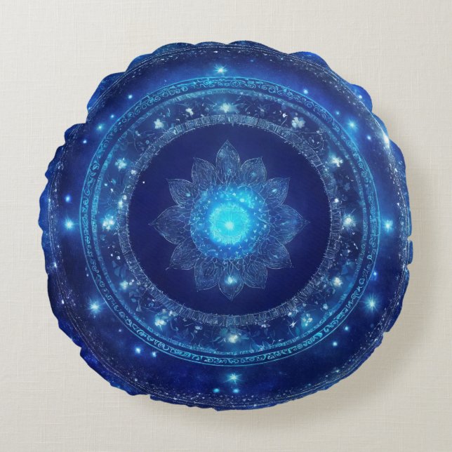 Derde Oog Chakra Blauwe Mandala Meditatie Rond Kussen (Voorkant)