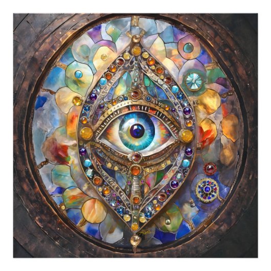 Derde Oog op Gebrandschilderd Glas en Brons Foto Afdruk (Voorkant)