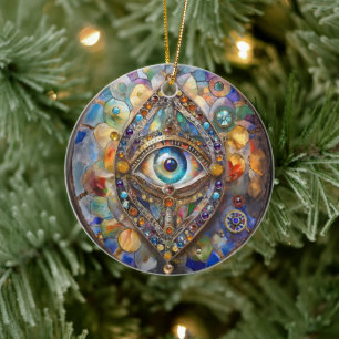 Derde Oog op Gebrandschilderd Glas en Brons Keramisch Ornament