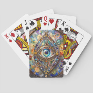 Derde Oog op Gebrandschilderd Glas en Brons Pokerkaarten