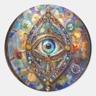 Derde Oog op Gebrandschilderd Glas en Brons Ronde Sticker
