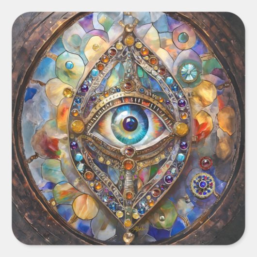 Derde Oog op Gebrandschilderd Glas en Brons Vierkante Sticker (Voorkant)