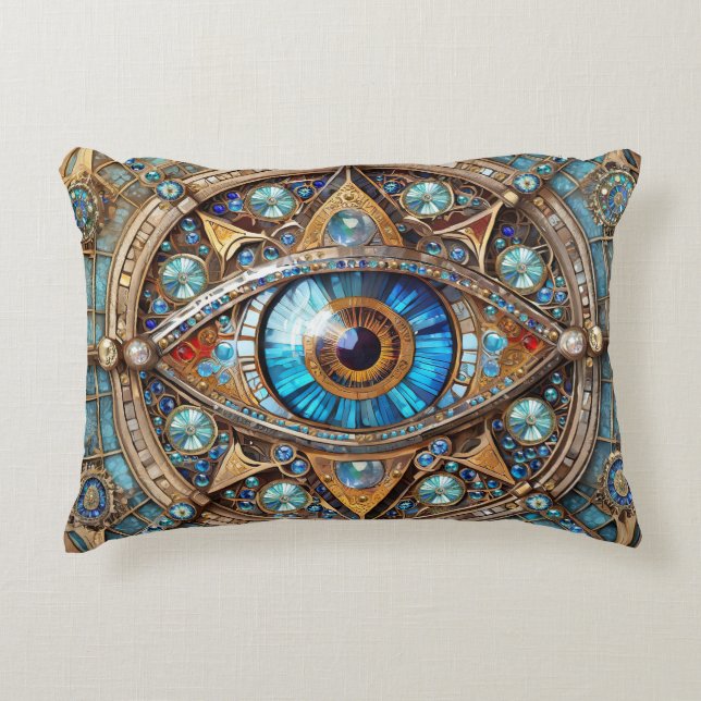Derde oog - Turquoise Blauw Gouden Mandala Accent Kussen (Voorkant)