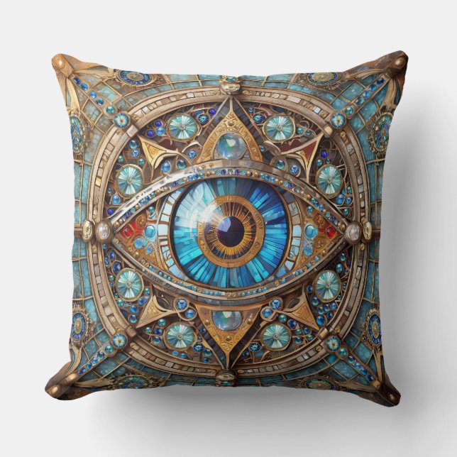 Derde oog - Turquoise Blauw Gouden Mandala Kussen (Voorkant)
