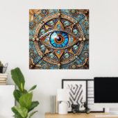 Derde oog - Turquoise Blauw Gouden Mandala Poster (Thuiskantoor)