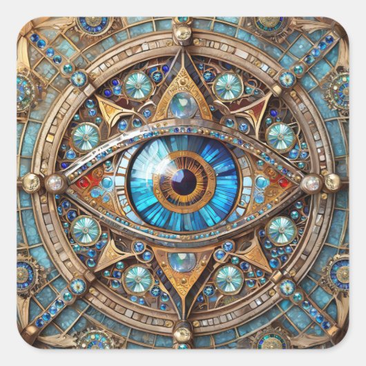 Derde oog - Turquoise Blauw Gouden Mandala Vierkante Sticker (Voorkant)