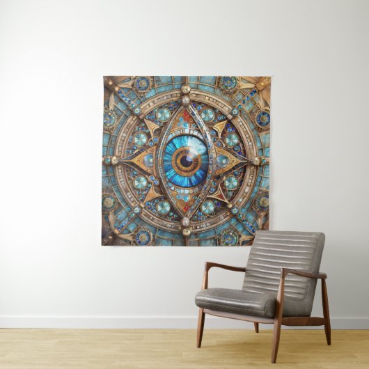 Derde oog - Turquoise Blauw Gouden Mandala Wandkleed (In Situ (horizontaal))