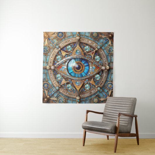 Derde oog - Turquoise Blauw Gouden Mandala Wandkleed (In situ)