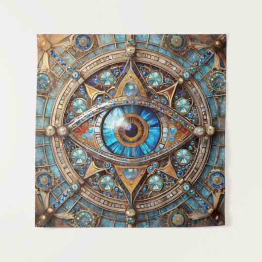 Derde oog - Turquoise Blauw Gouden Mandala Wandkleed (Voorkant)