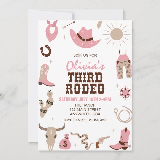 Derde Rodeo Roze Western 3e Verjaardag Kaart (Voorkant)