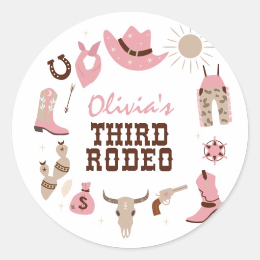 Derde Rodeo Roze Western Cowboy 3e Verjaardag Ronde Sticker (Voorkant)