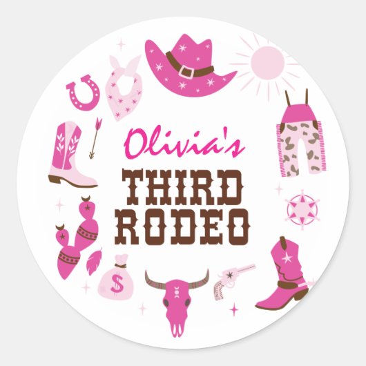 Derde Rodeo Roze Western Cowboy 3e Verjaardag Ronde Sticker (Voorkant)
