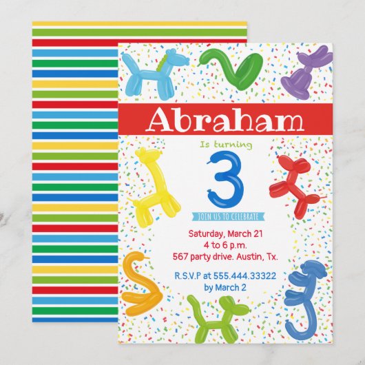 Derde uitnodiging voor ballonnen voor verjaardagsd (Voorkant / Achterkant)