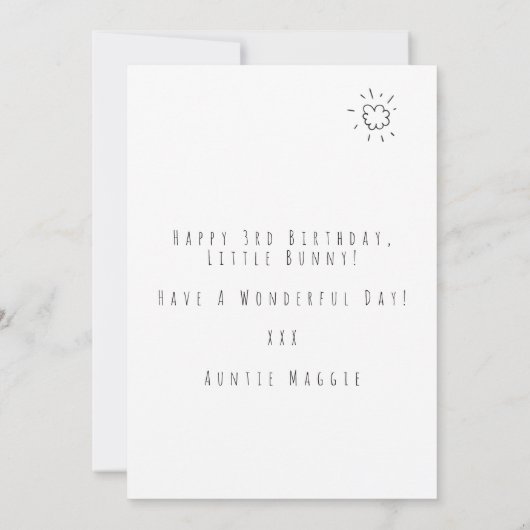 Derde verjaardag Bloemen Drie & Bunny Kaart (Achterkant)
