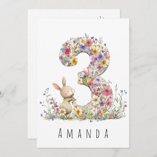 Derde verjaardag Bloemen Drie & Bunny Kaart (Voorkant / Achterkant)