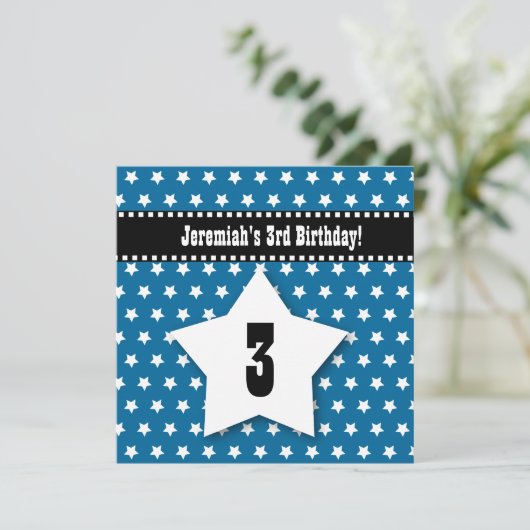 Derde verjaardag DRIE jaar oude Jongen Blue Stars  Kaart (Staand voorkant)