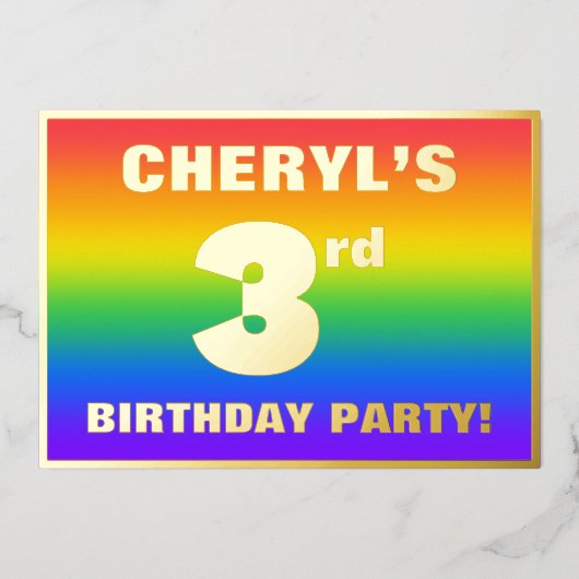 Derde verjaardag: Fun, kleurrijk regenboogpatroon Folie Uitnodiging (Voorkant)