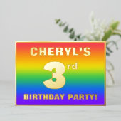 Derde verjaardag: Fun, kleurrijk regenboogpatroon Folie Uitnodiging (Staand Voorkant)