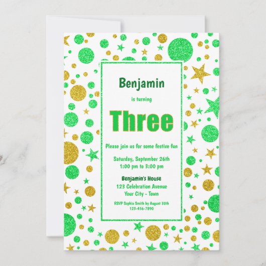 Derde verjaardag: Groene en goudvlekken en sterren Kaart (Voorkant)