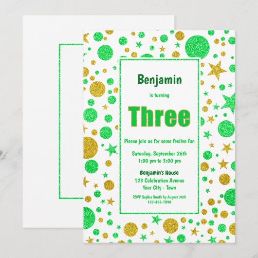 Derde verjaardag: Groene en goudvlekken en sterren Kaart (Voorkant / Achterkant)