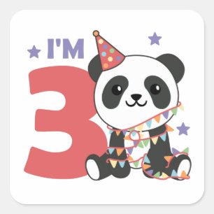 Derde verjaardag Panda voor kinderen 3 jaar plein  Vierkante Sticker