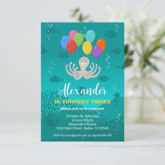 Derde Verjaardag Party Octopus Ballons Uitnodiging (Staand voorkant)