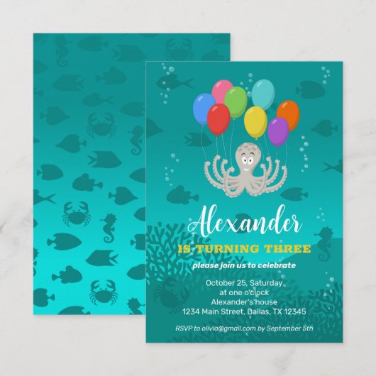 Derde Verjaardag Party Octopus Ballons Uitnodiging (Voorkant / Achterkant)