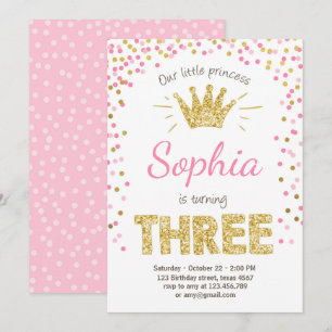 Derde verjaardag Princess Gold Pink Drie Kaart