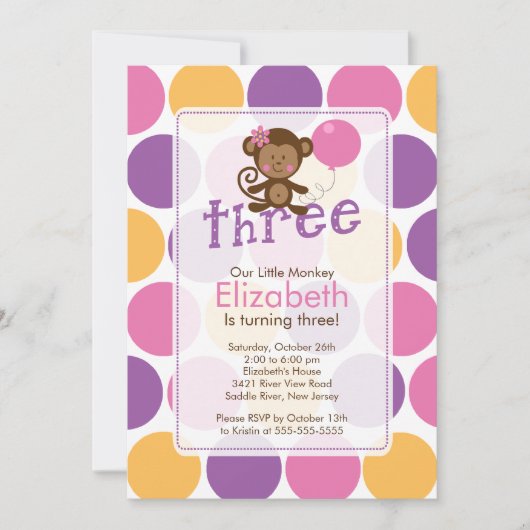 Derde verjaardag Uitnodiging voor kleine apen (Voorkant)