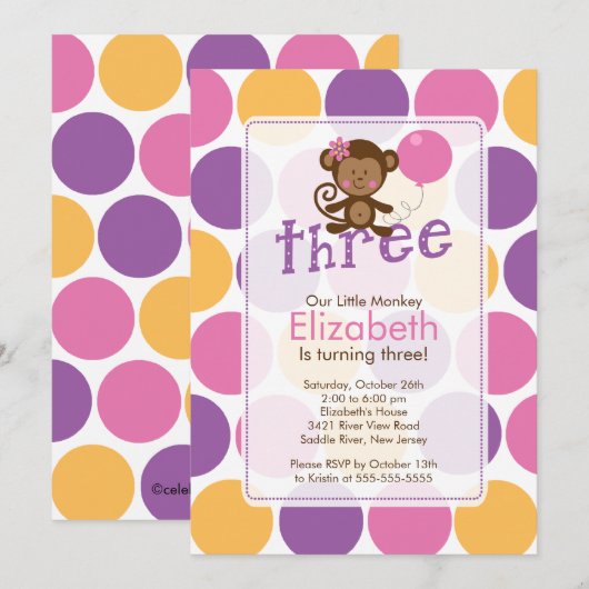 Derde verjaardag Uitnodiging voor kleine apen (Voorkant / Achterkant)