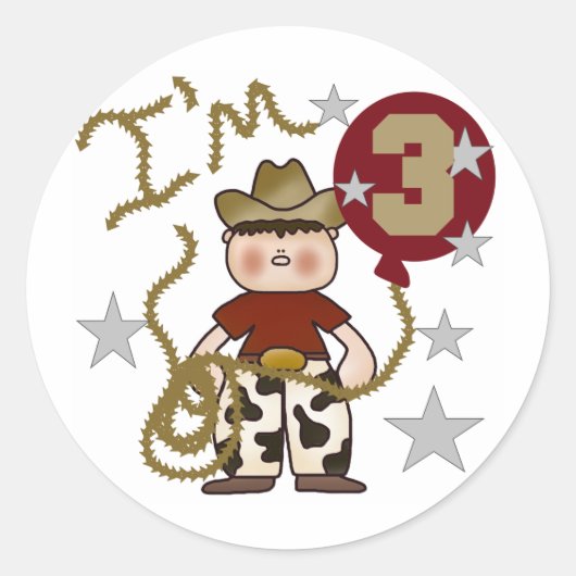 Derde verjaardag van Cowboy T-shirts en cadeautjes Ronde Sticker (Voorkant)