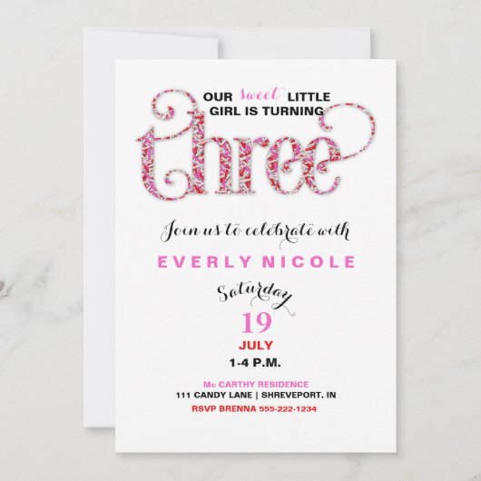 Derde verjaardag van het meisje Rood roze prinkles Kaart (Voorkant)