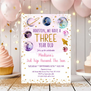 Derde verjaardag van het roze ruimtescheidingsmeis kaart