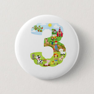 Derde verjaardag van landbouwhuisdieren ronde button 5,7 cm