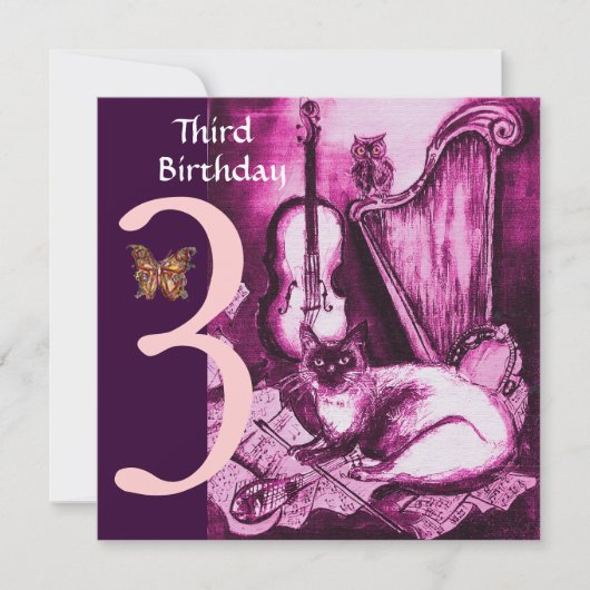 Derde verjaardag van MUSICAL CAT Pink Fuchsia Kaart (Voorkant)