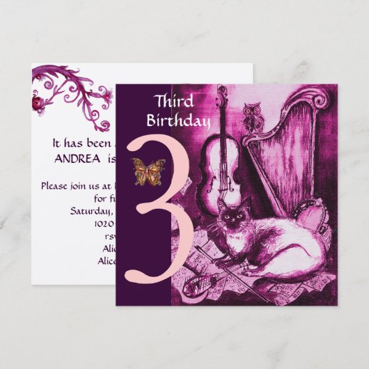 Derde verjaardag van MUSICAL CAT Pink Fuchsia Kaart (Voorkant / Achterkant)